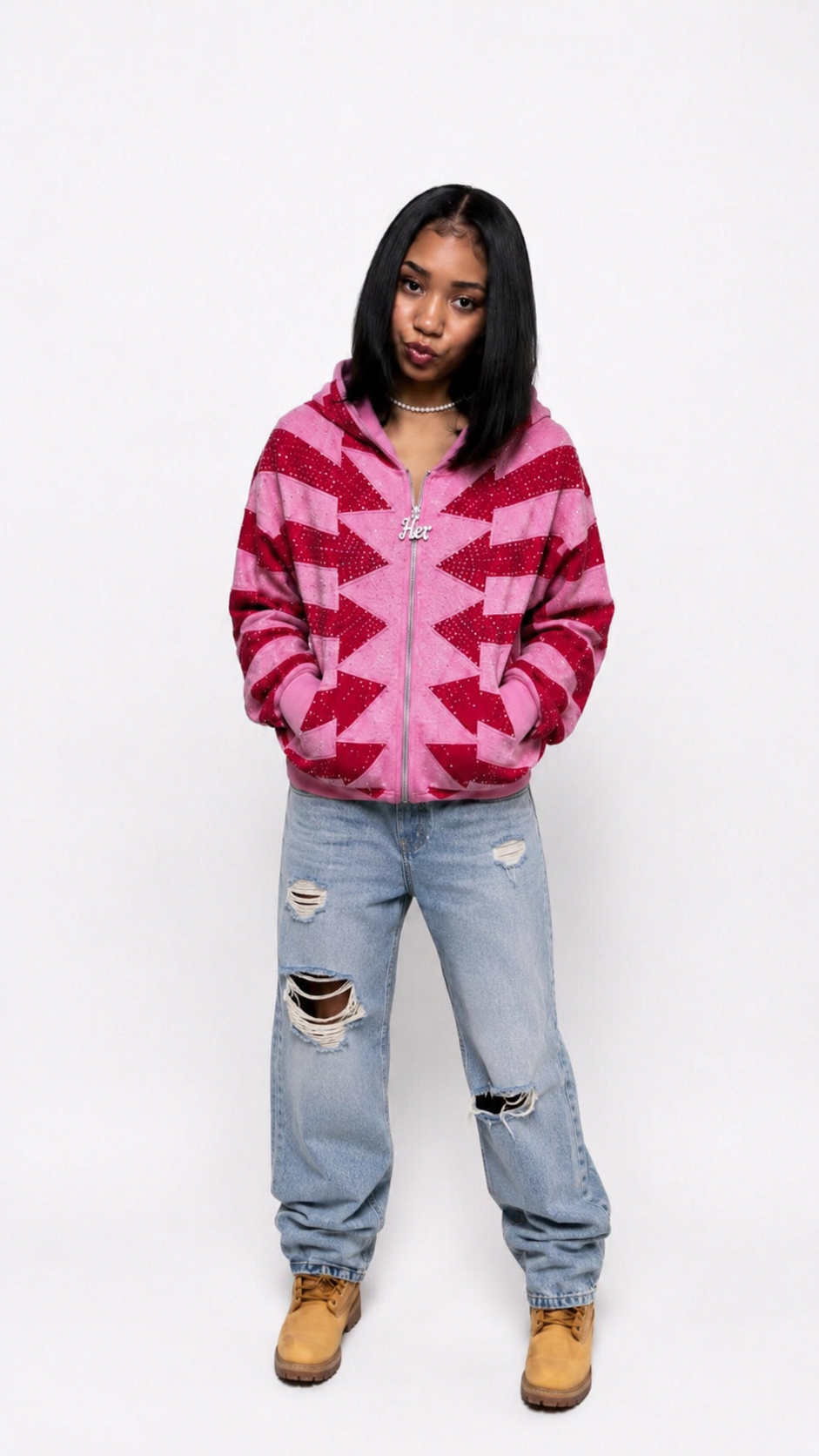 HER RHINESTONE ZIP-UP HOODIE