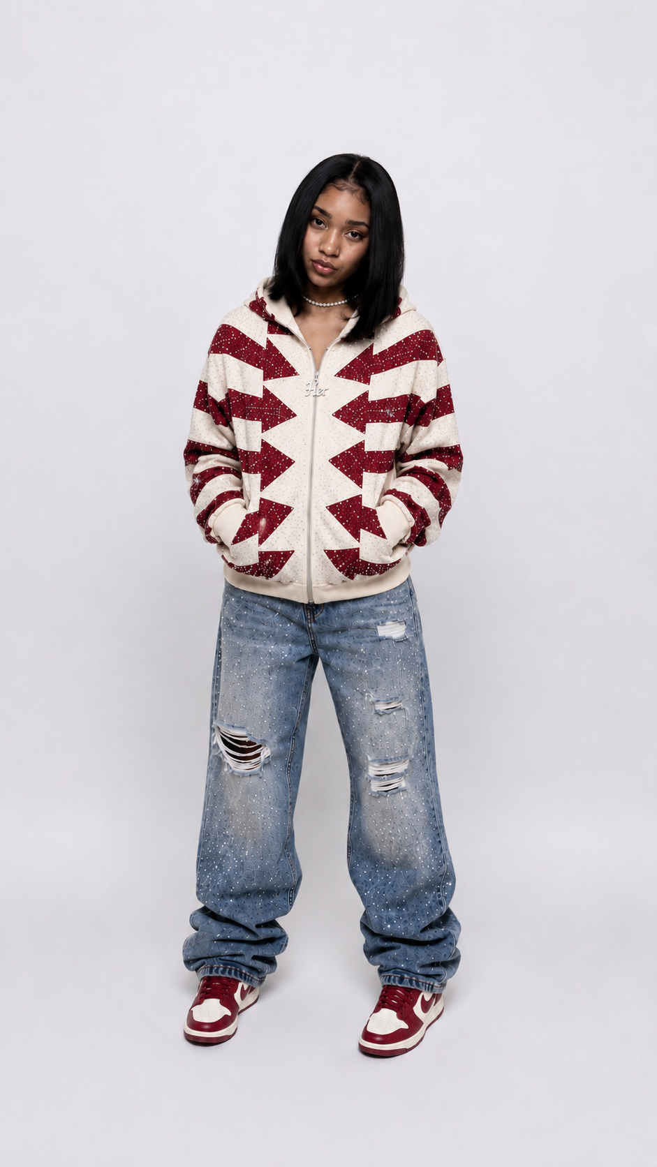 HER RHINESTONE ZIP-UP HOODIE