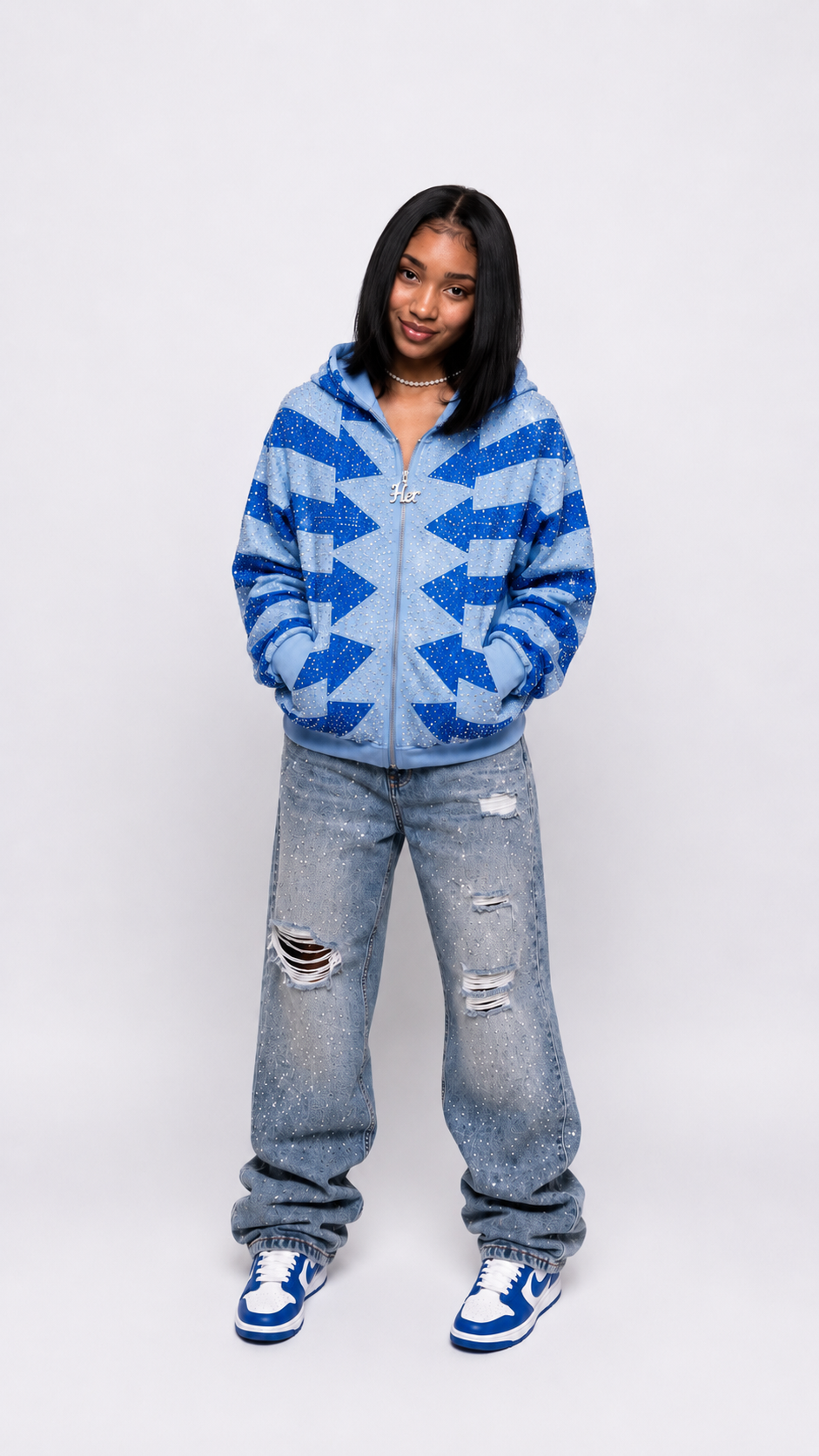 HER RHINESTONE ZIP-UP HOODIE