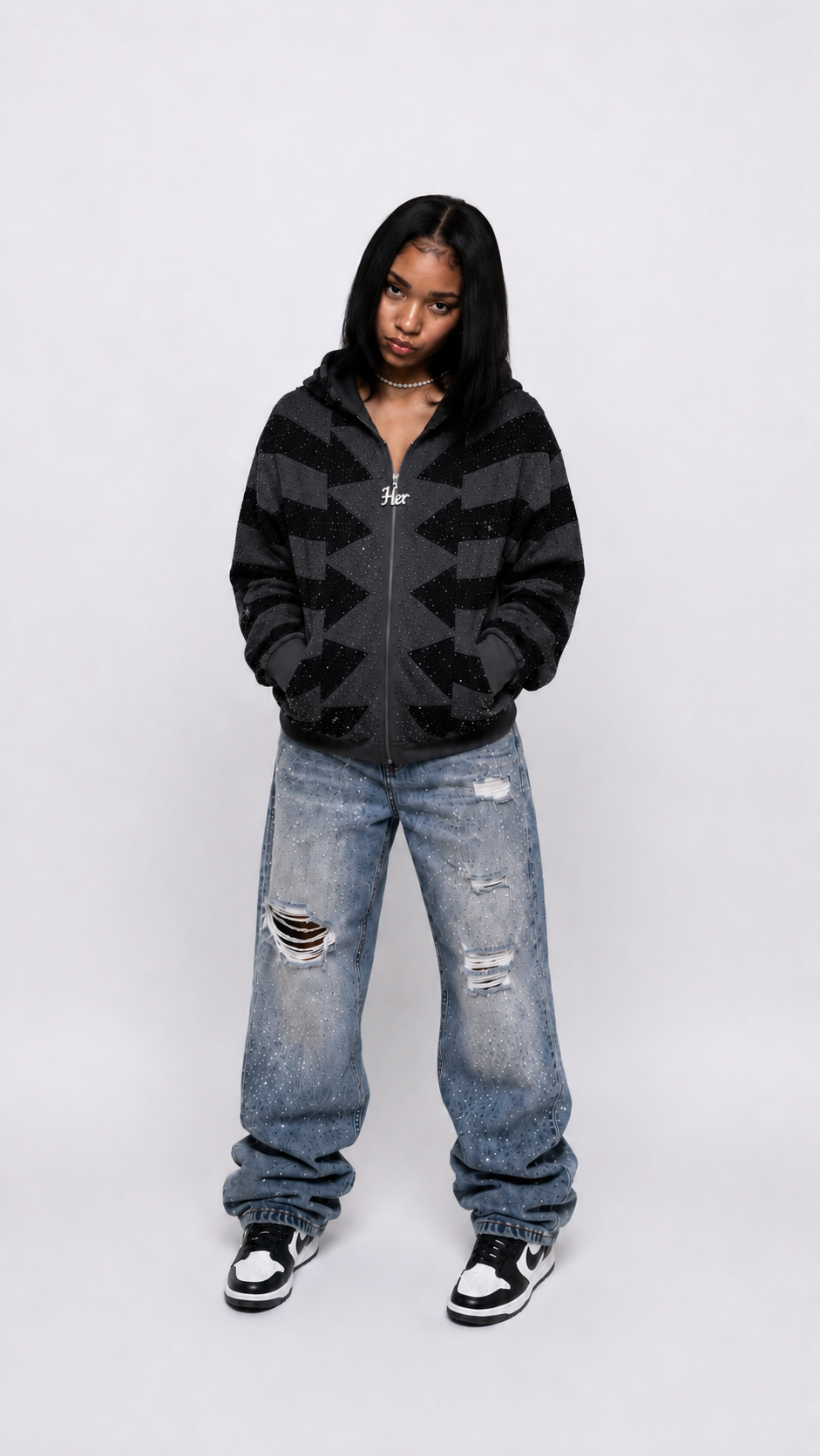 HER RHINESTONE ZIP-UP HOODIE