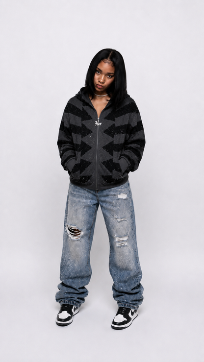 HER RHINESTONE ZIP-UP HOODIE