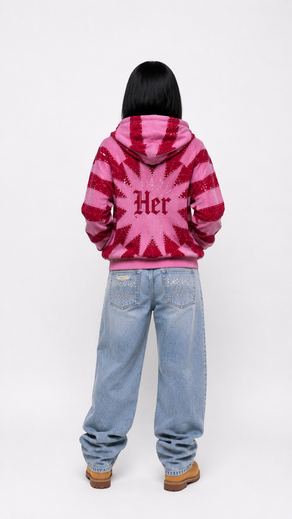 HER RHINESTONE ZIP-UP HOODIE