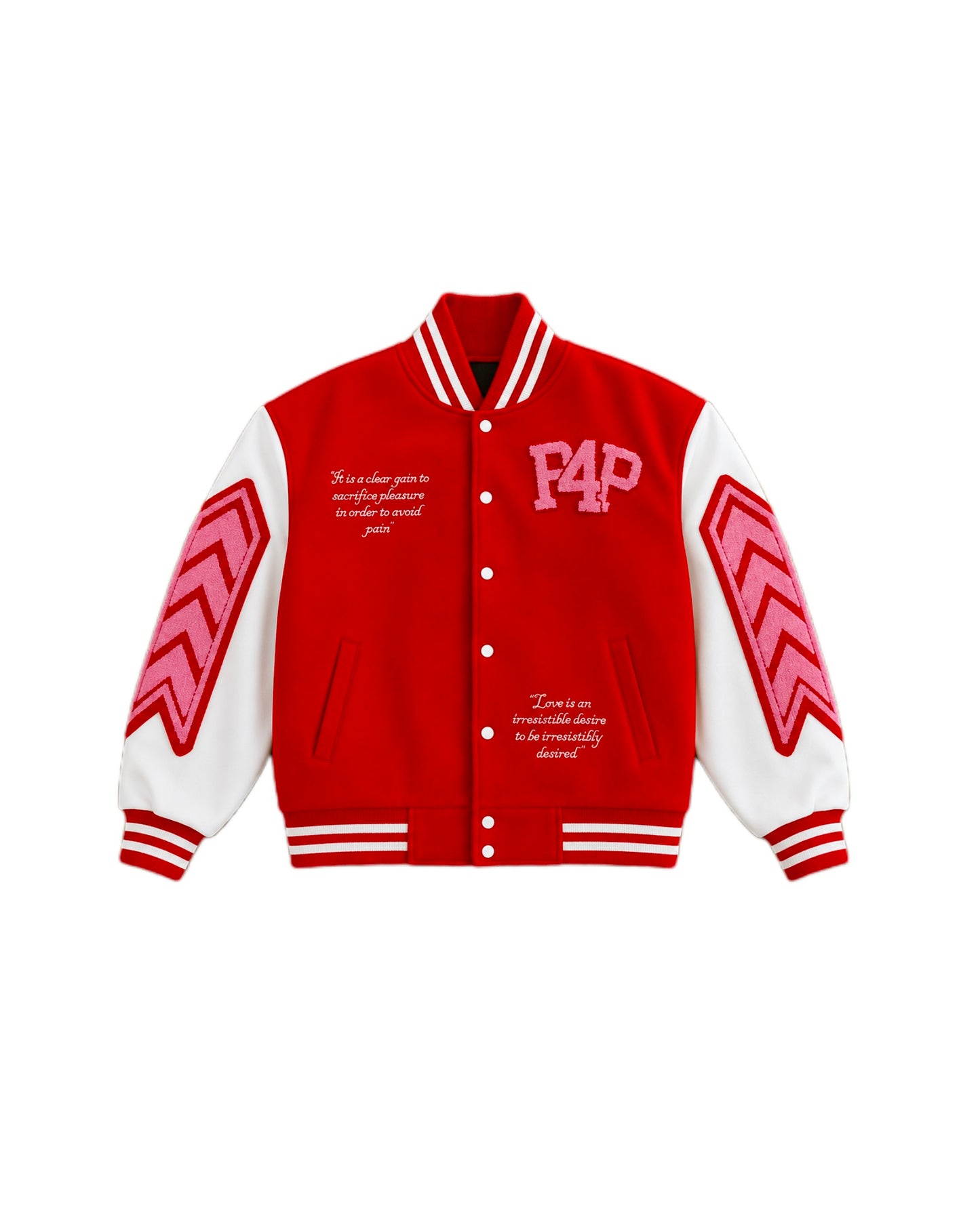 Red and white 'P4P' varsity jacket with text and graphics on a white background