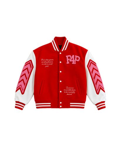 Red and white 'P4P' varsity jacket with text and graphics on a white background