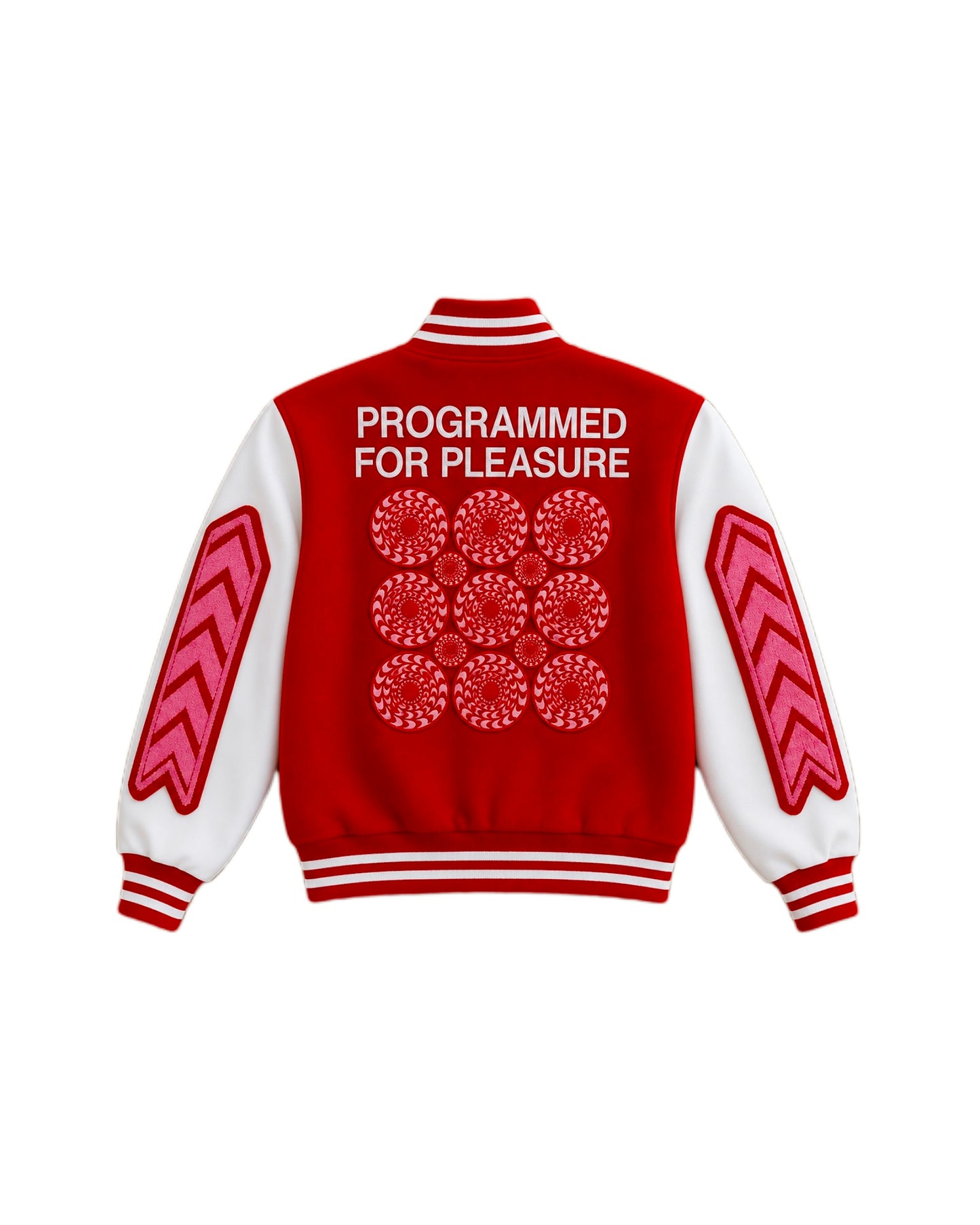 Red and white jacket with text "PROGRAMMED FOR PLEASURE" and patterns on a white background