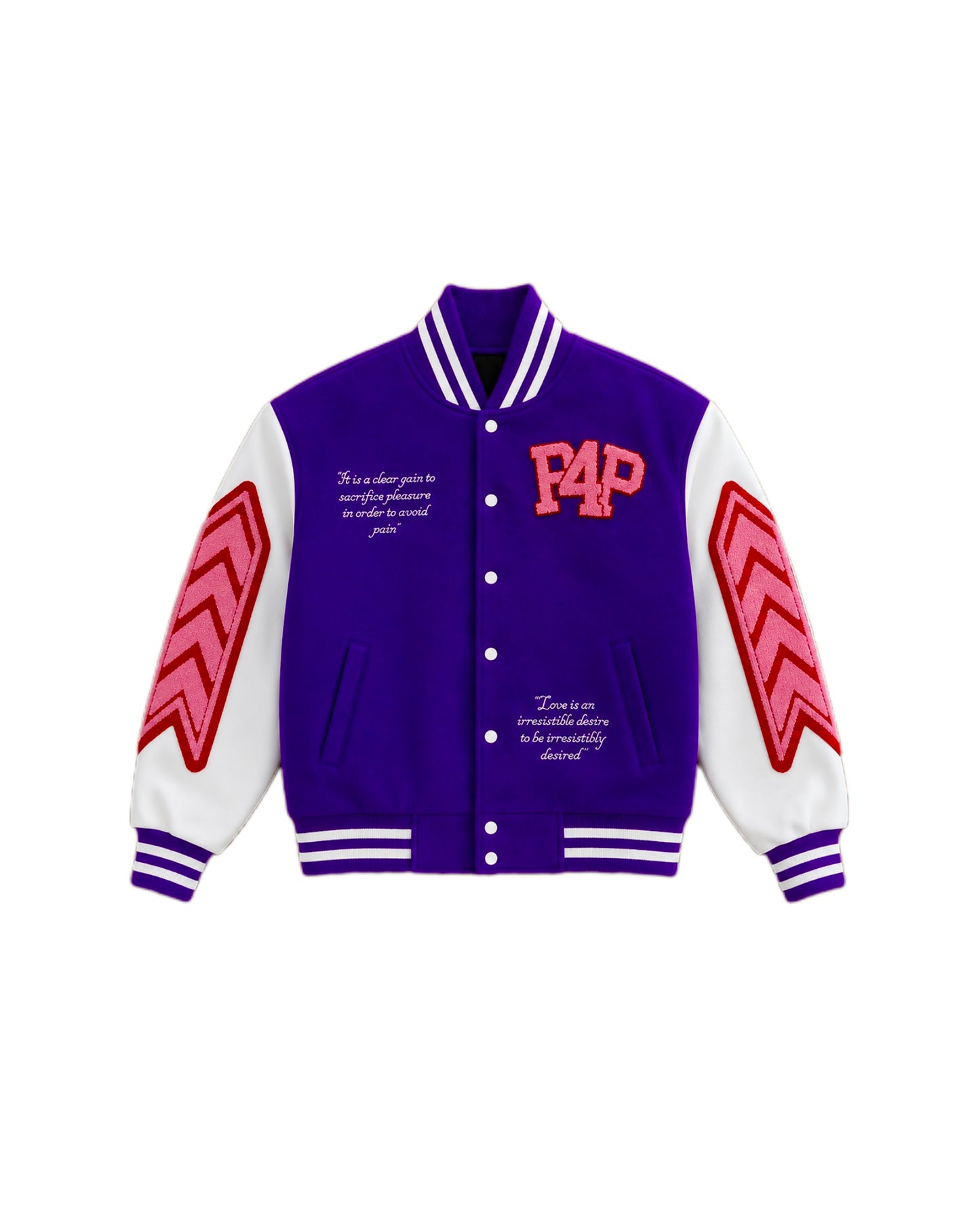 Purple 'P4P' varsity jacket with red and white accents on a white background