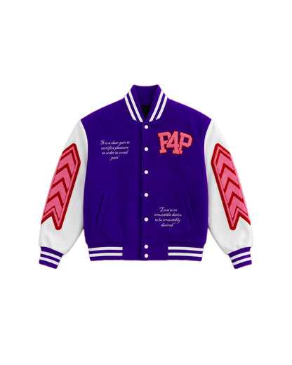Purple 'P4P' varsity jacket with red and white accents on a white background