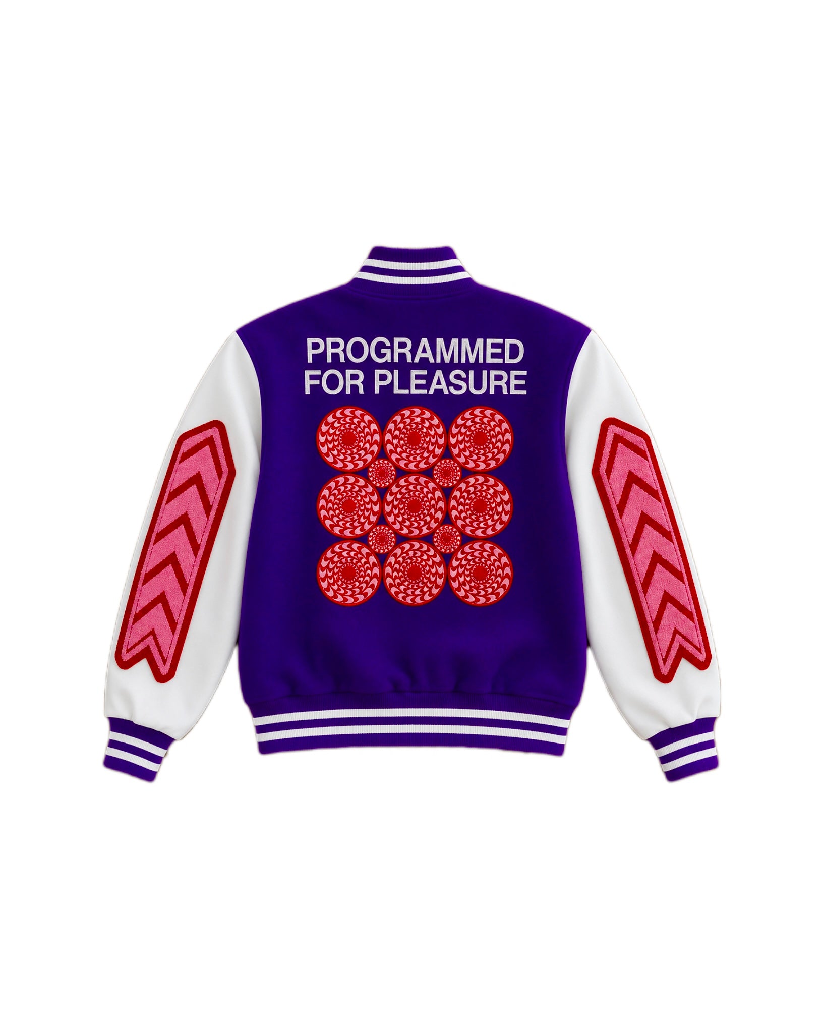 Purple Varsity jacket with 'Programmed for Pleasure' text and red patterns on a white background