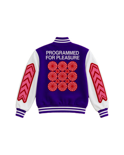 Purple Varsity jacket with 'Programmed for Pleasure' text and red patterns on a white background